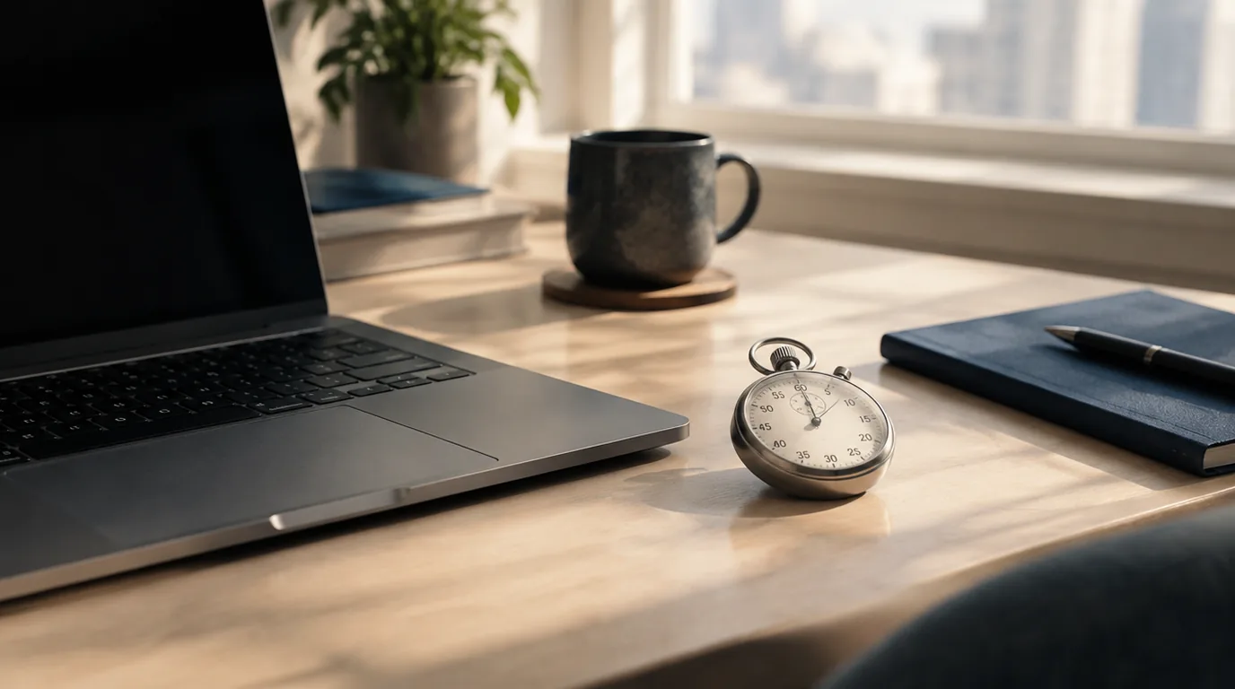 Laptop and a stopwatch on a tidy desk, for the Clockify review