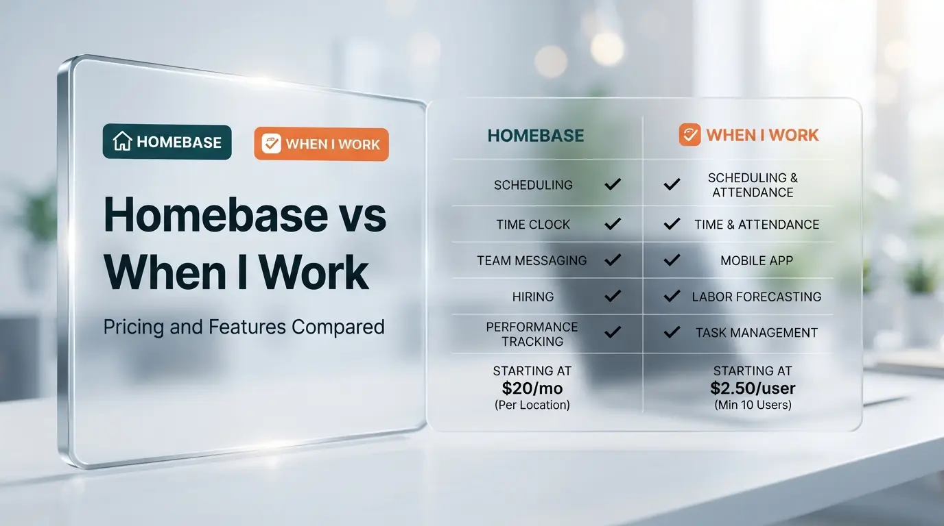 Homebase vs When I Work: a comparison card listing each tool's features and starting price side by side, under the heading Pricing and Features Compared