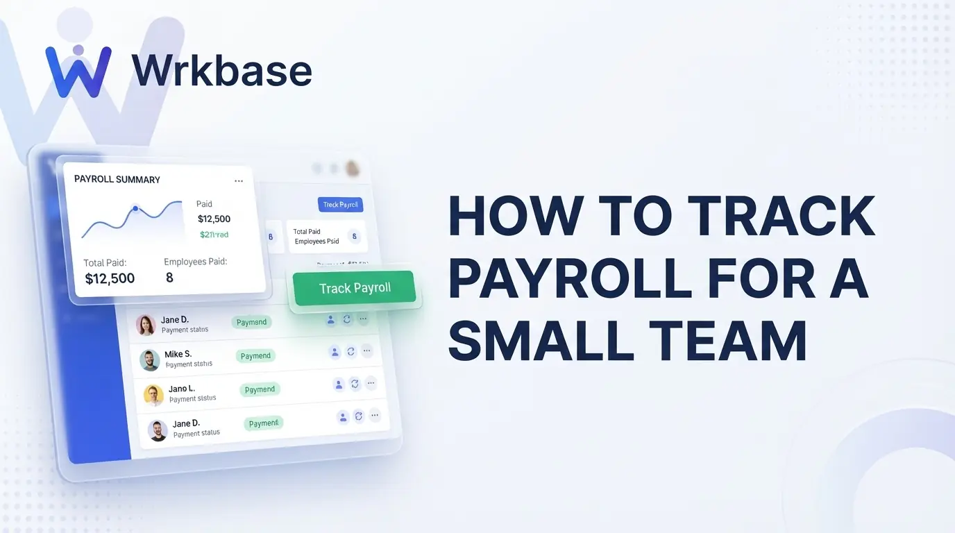 A payroll summary card and a list of four employees with their payment status, next to the title How to track payroll for a small team