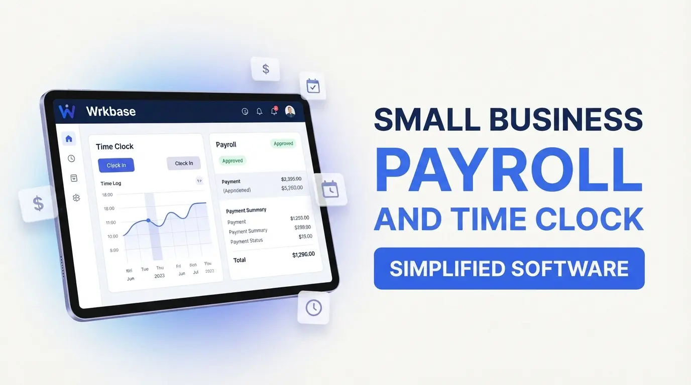 A tablet showing a time clock panel with a clock-in button beside a payroll summary, next to the words small business payroll and time clock software