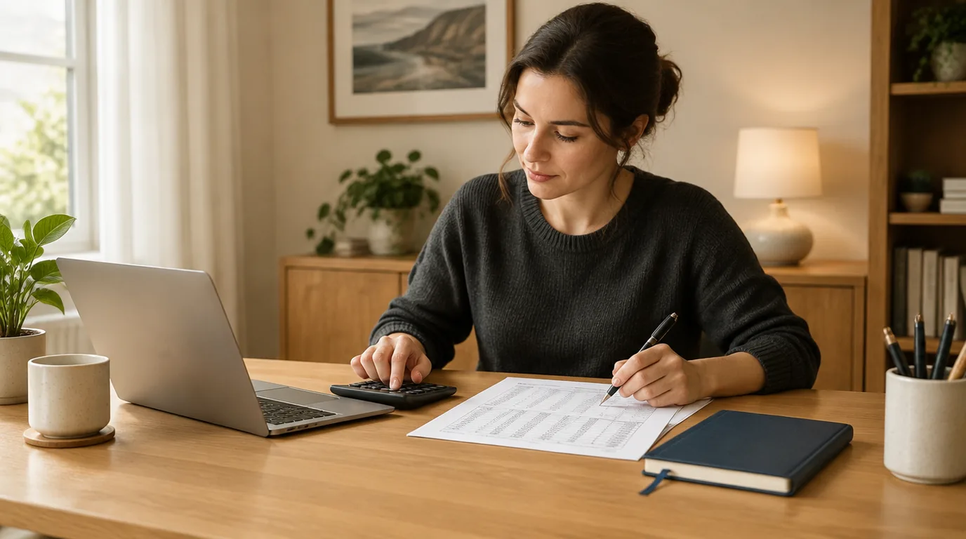 Bookkeeper at a desk with a laptop, calculator and printed timesheet, for the QuickBooks Time review
