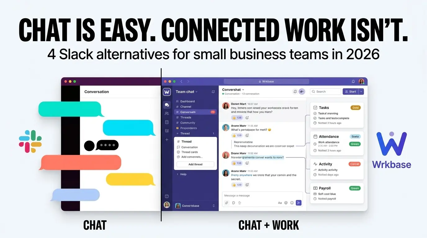 Side-by-side comparison of a standalone chat app versus Wrkbase's team chat connected to tasks, attendance, and payroll, for the Slack alternatives roundup
